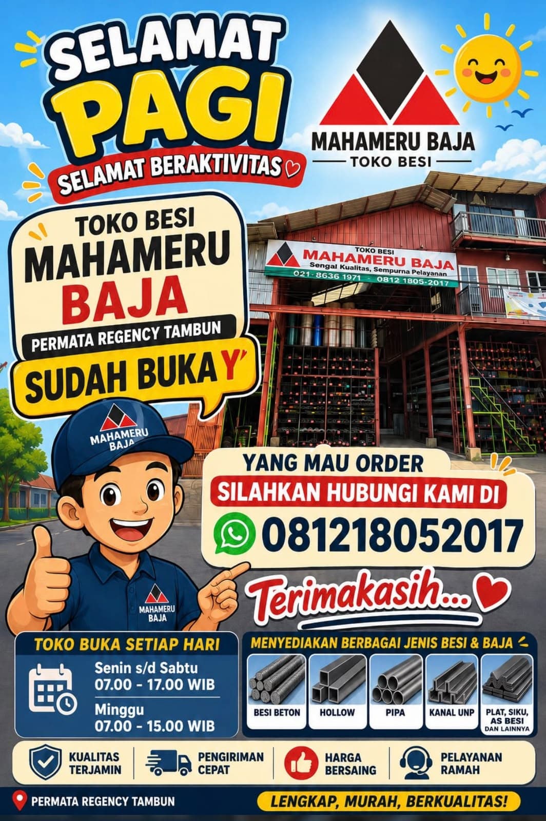 Poster sapaan dan informasi toko besi Mahameru Baja